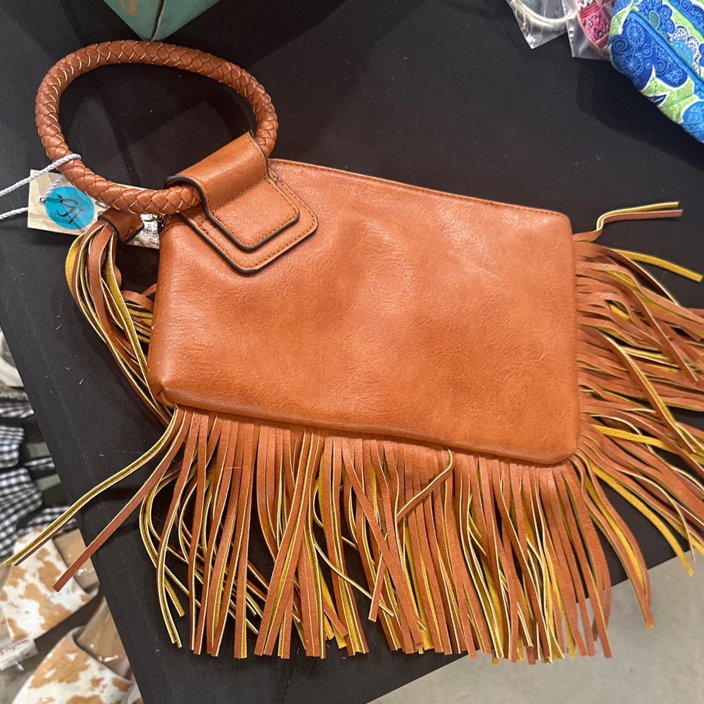 Fringed Tan Leather Handbag
